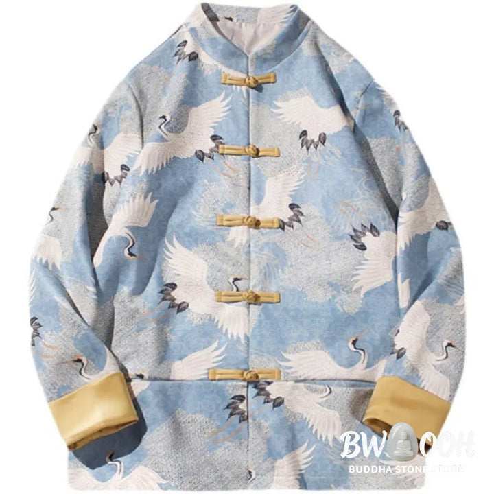 Buddha Stones Chinese New Year Clothes White Crane Gold Frog-button Tang Suit Cotton Men’s Jacket Shirt With Pockets