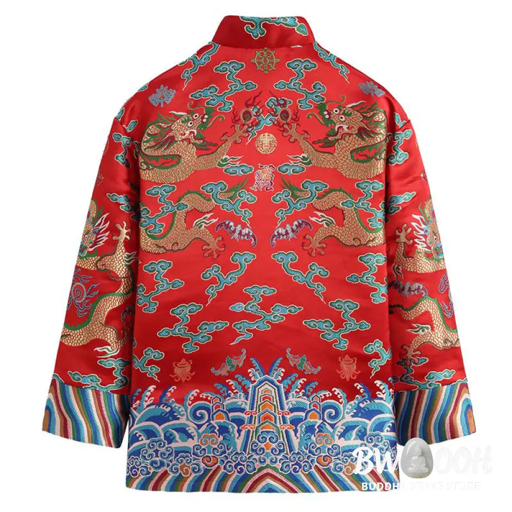 Buddha Stones Chinese New Year Dragon Embroidery Auspicious Clouds Frog-button Tang Suit Men’s Jacket Shirt - Men’s