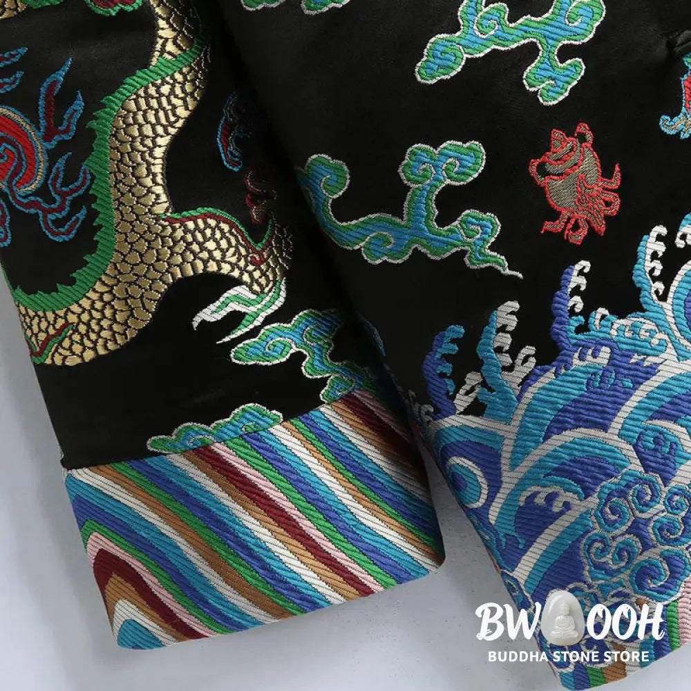 Buddha Stones Chinese New Year Dragon Embroidery Auspicious Clouds Frog-button Tang Suit Men’s Jacket Shirt - Men’s