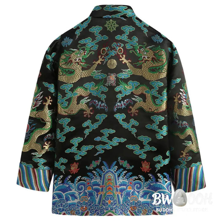 Buddha Stones Chinese New Year Dragon Embroidery Auspicious Clouds Frog-button Tang Suit Men’s Jacket Shirt - Men’s