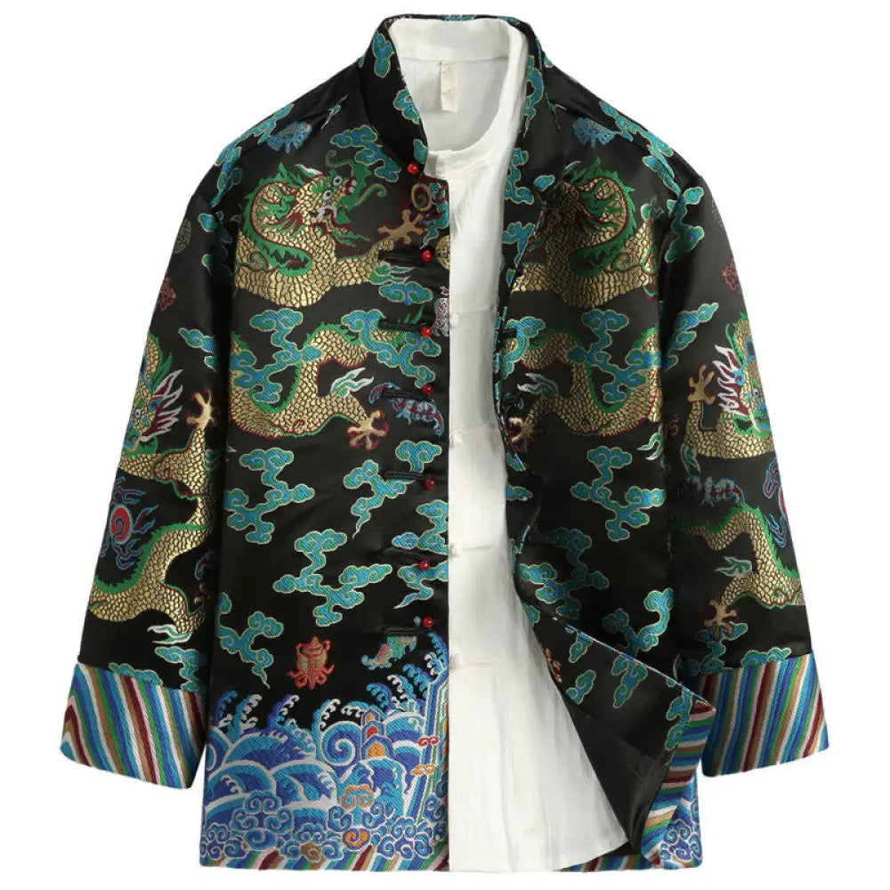Buddha Stones Chinese New Year Dragon Embroidery Auspicious Clouds Frog-button Tang Suit Men’s Jacket Shirt - Black