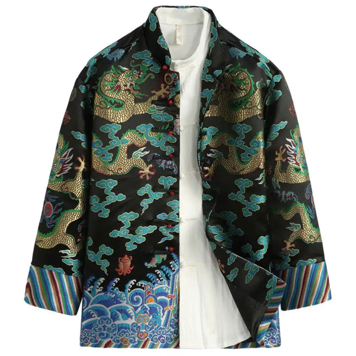 Buddha Stones Chinese New Year Dragon Embroidery Auspicious Clouds Frog-button Tang Suit Men’s Jacket Shirt - Black