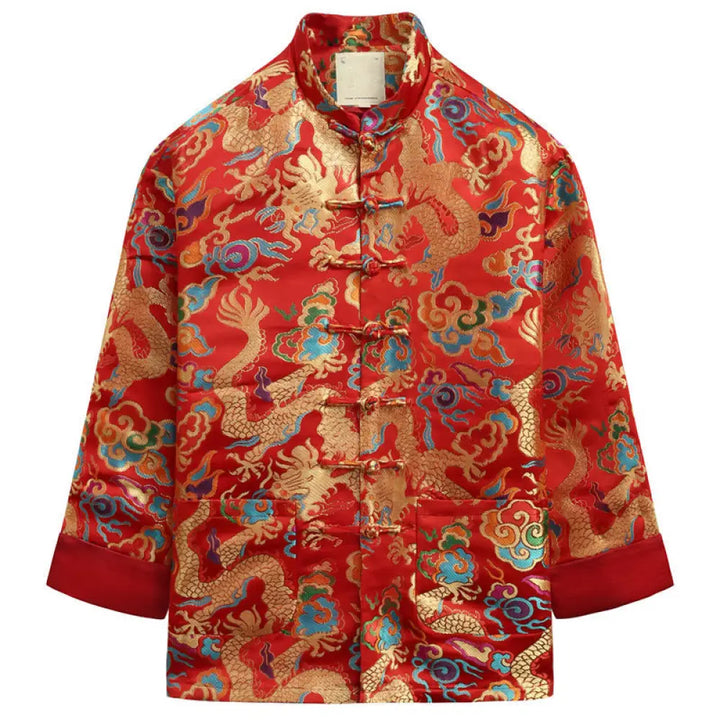 Buddha Stones Chinese New Year Dragon Embroidery Auspicious Clouds Frog-button Tang Suit Men’s Jacket Shirt - Crimson