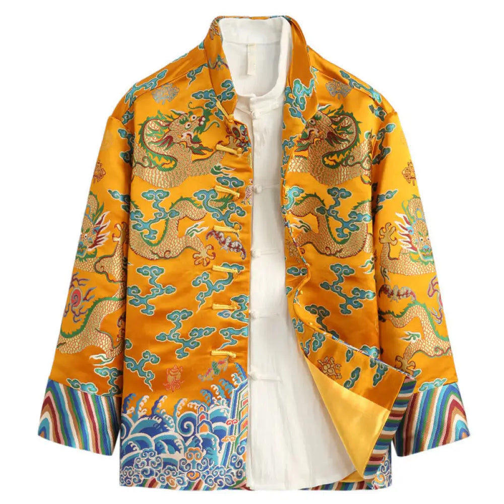 Buddha Stones Chinese New Year Dragon Embroidery Auspicious Clouds Frog-button Tang Suit Men’s Jacket Shirt - Gold