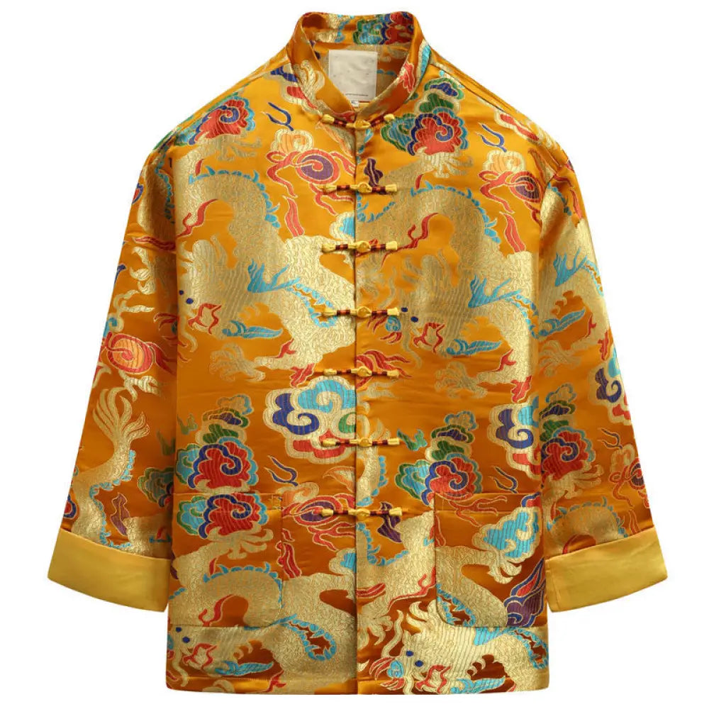Buddha Stones Chinese New Year Dragon Embroidery Auspicious Clouds Frog-button Tang Suit Men’s Jacket Shirt - Goldenrod