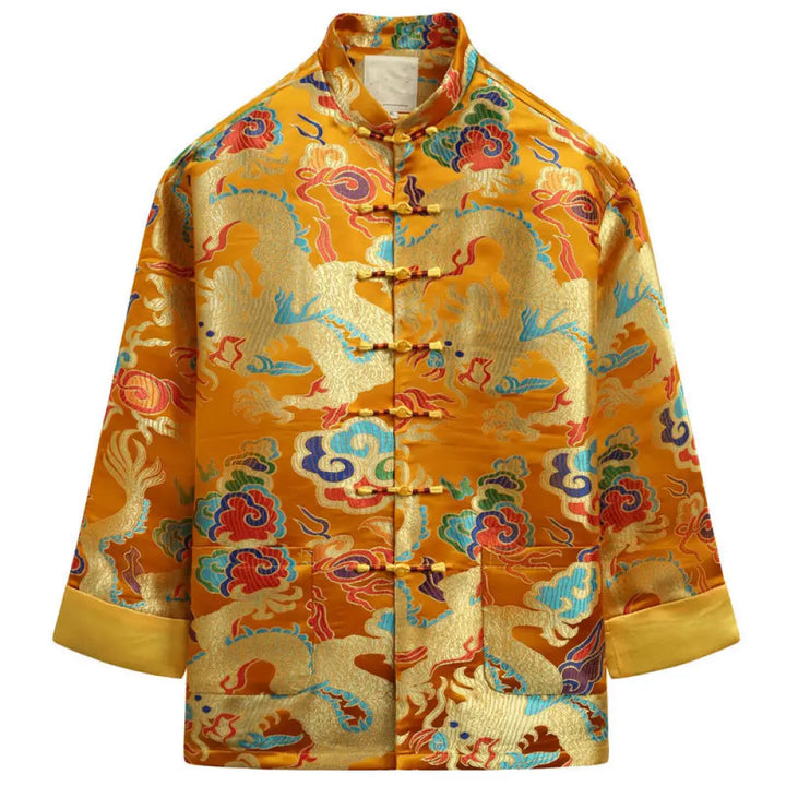 Buddha Stones Chinese New Year Dragon Embroidery Auspicious Clouds Frog-button Tang Suit Men’s Jacket Shirt - Goldenrod