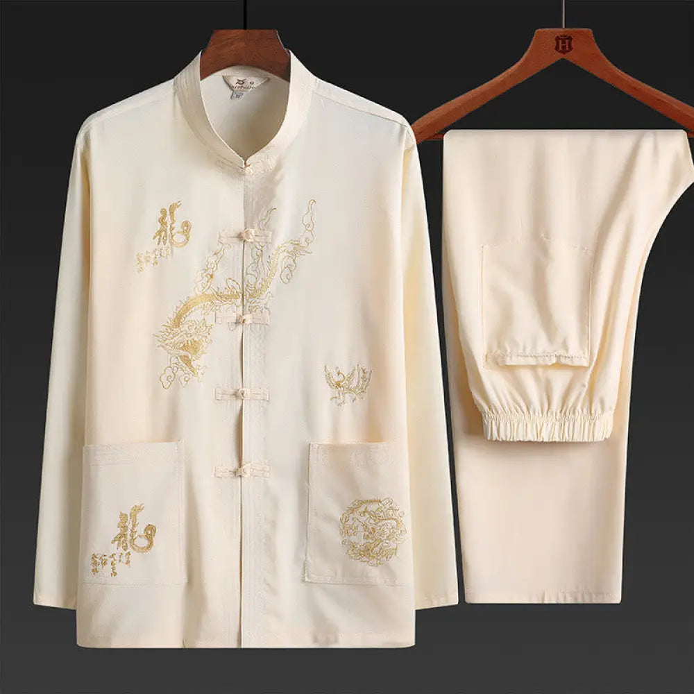 Buddha Stones Chinese New Year Embroidered Dragon Frog-button Tang Suit Hanfu Traditional Uniform Long Sleeve Top Pants