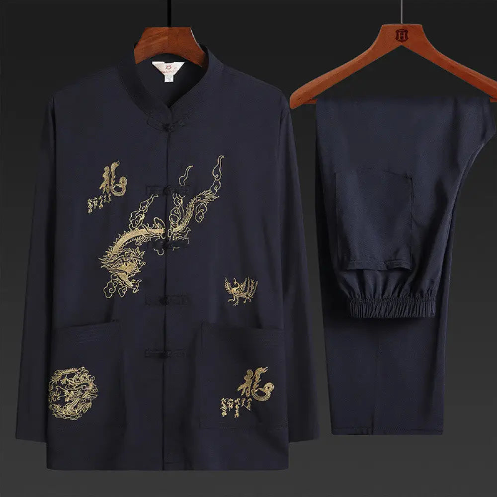 Buddha Stones Chinese New Year Embroidered Dragon Frog-button Tang Suit Hanfu Traditional Uniform Long Sleeve Top Pants