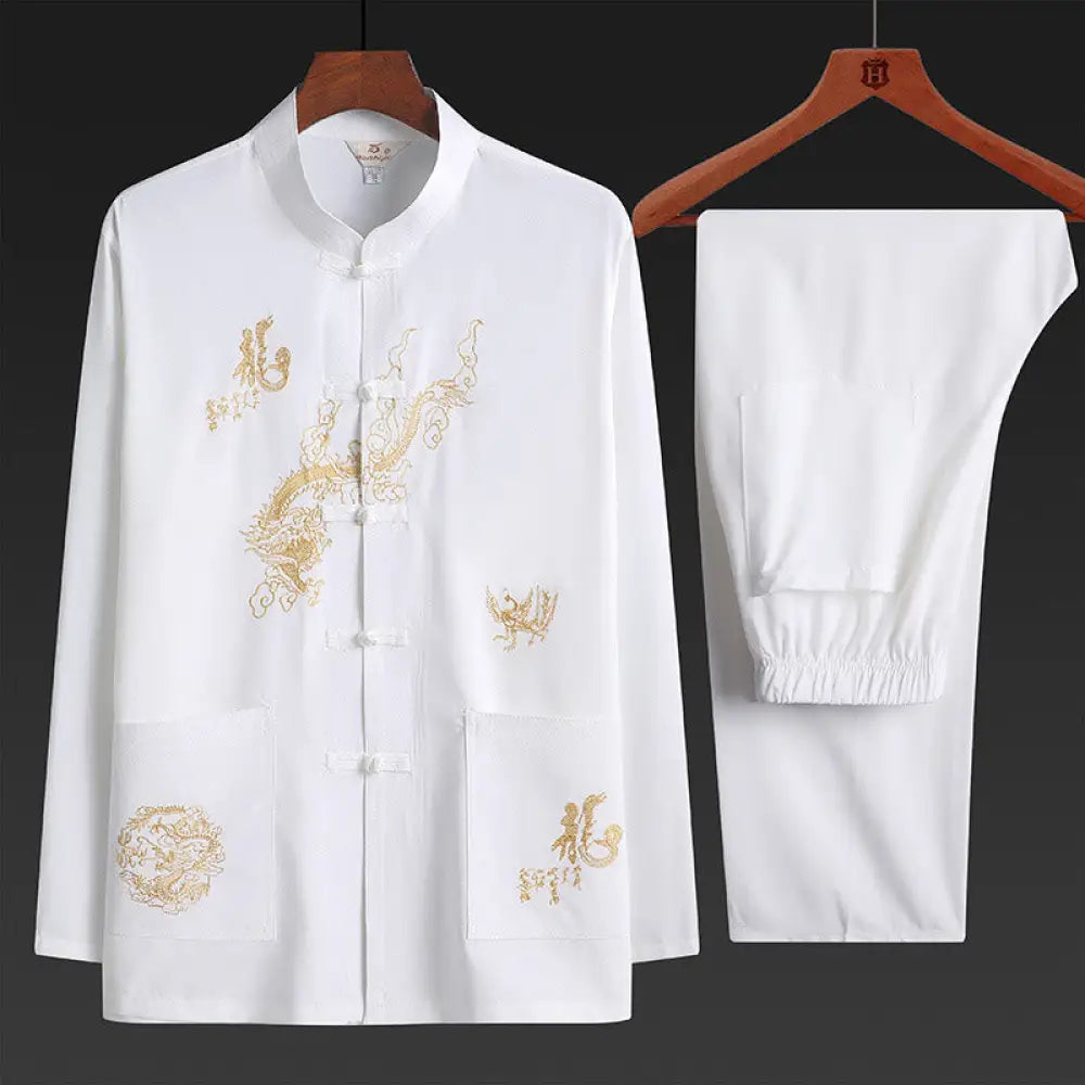Buddha Stones Chinese New Year Embroidered Dragon Frog-button Tang Suit Hanfu Traditional Uniform Long Sleeve Top Pants