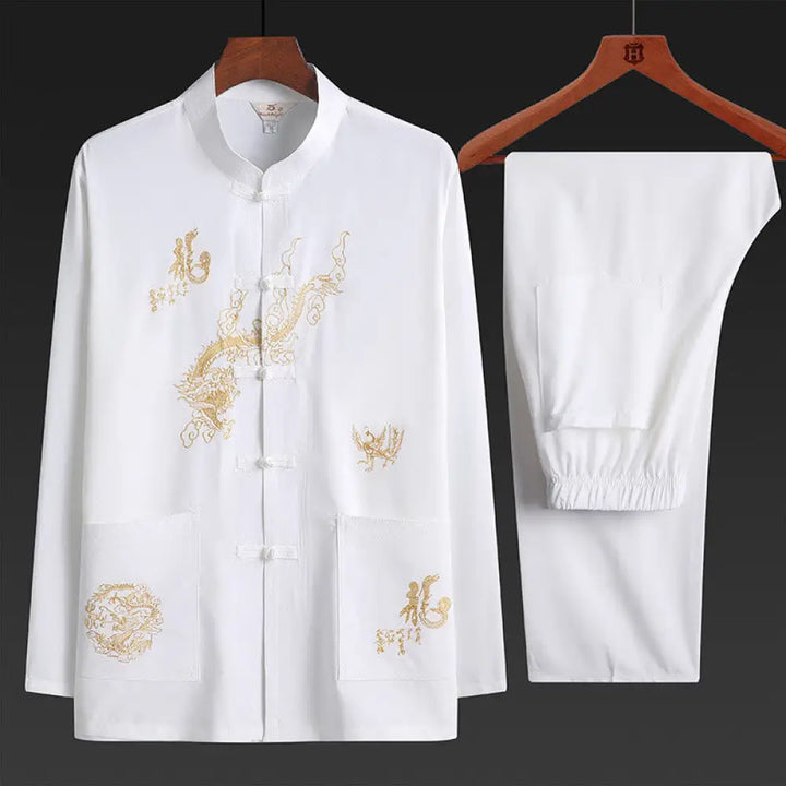 Buddha Stones Chinese New Year Embroidered Dragon Frog-button Tang Suit Hanfu Traditional Uniform Long Sleeve Top Pants