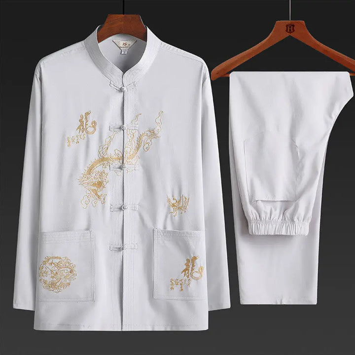 Buddha Stones Chinese New Year Embroidered Dragon Frog-button Tang Suit Hanfu Traditional Uniform Long Sleeve Top Pants