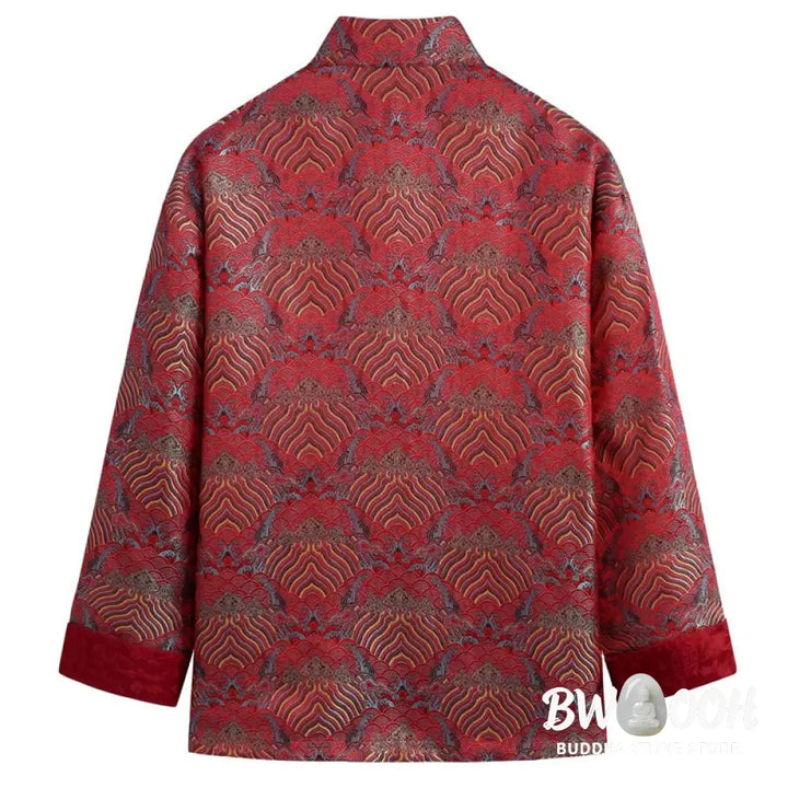 Buddha Stones Chinese New Year Jacquard Damask Seawater Pattern Frog-button Tang Suit Men’s Jacket Shirt With Pockets