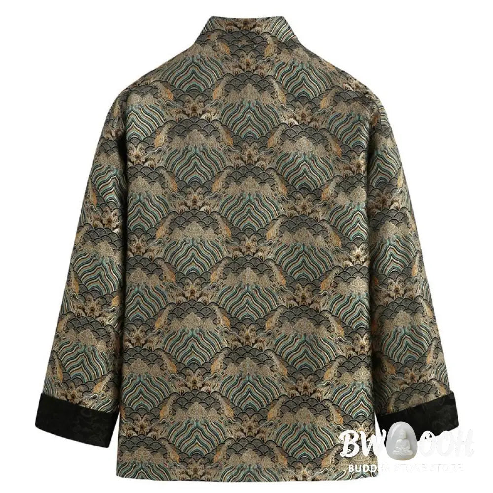 Buddha Stones Chinese New Year Jacquard Damask Seawater Pattern Frog-button Tang Suit Men’s Jacket Shirt With Pockets
