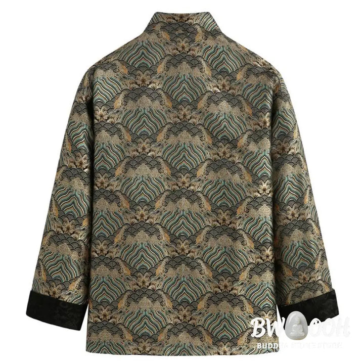 Buddha Stones Chinese New Year Jacquard Damask Seawater Pattern Frog-button Tang Suit Men’s Jacket Shirt With Pockets