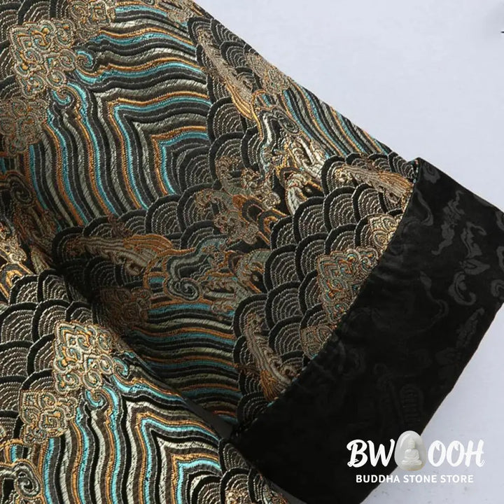 Buddha Stones Chinese New Year Jacquard Damask Seawater Pattern Frog-button Tang Suit Men’s Jacket Shirt With Pockets