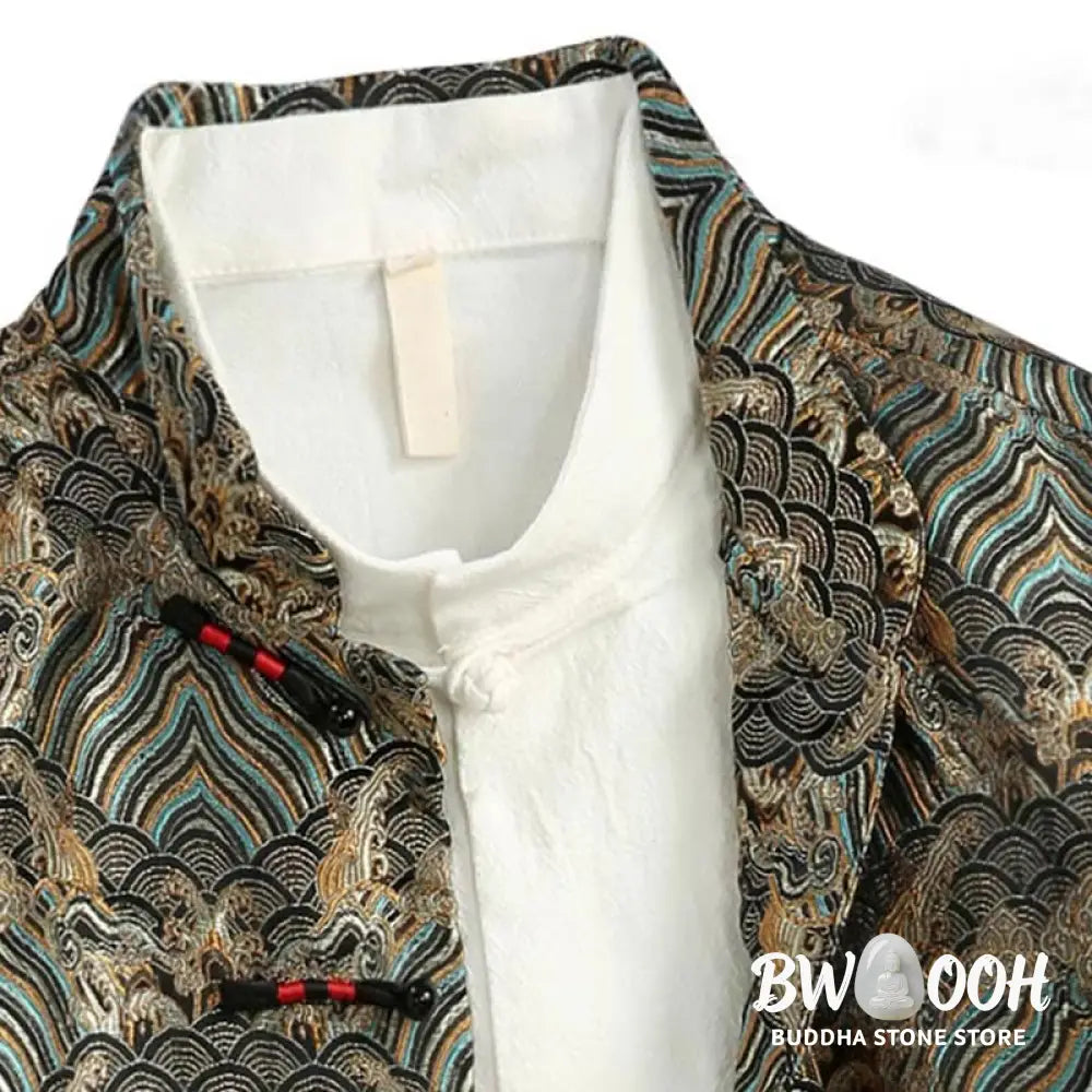 Buddha Stones Chinese New Year Jacquard Damask Seawater Pattern Frog-button Tang Suit Men’s Jacket Shirt With Pockets