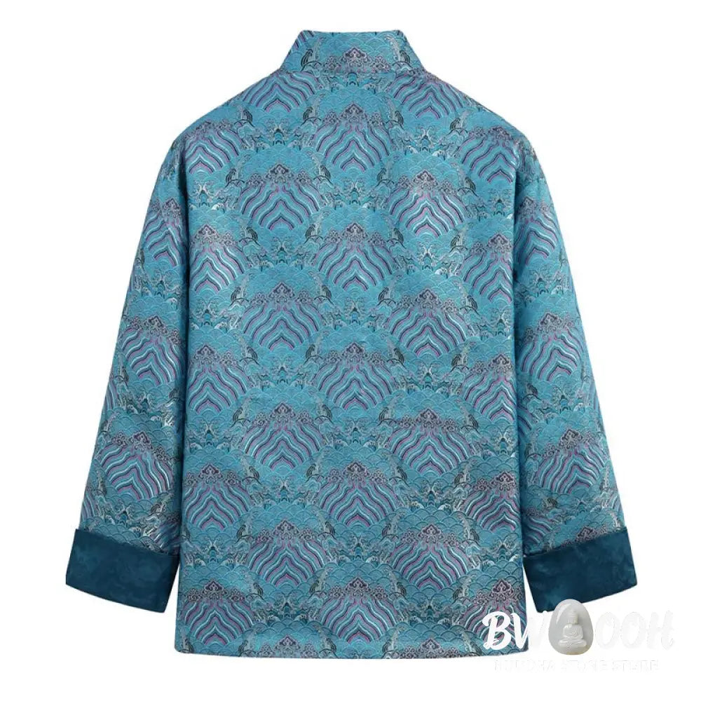 Buddha Stones Chinese New Year Jacquard Damask Seawater Pattern Frog-button Tang Suit Men’s Jacket Shirt With Pockets