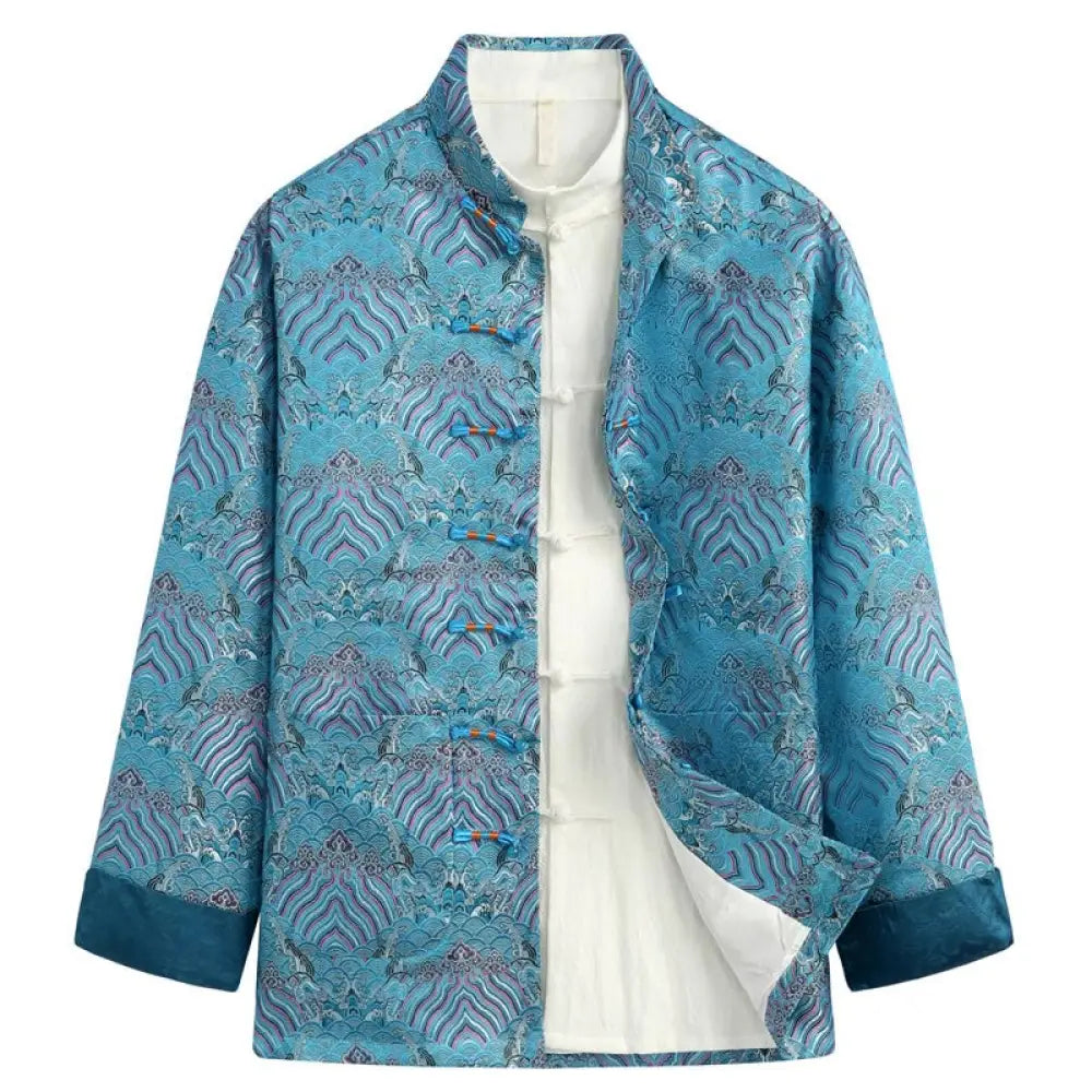 Buddha Stones Chinese New Year Jacquard Damask Seawater Pattern Frog-button Tang Suit Men’s Jacket Shirt With Pockets