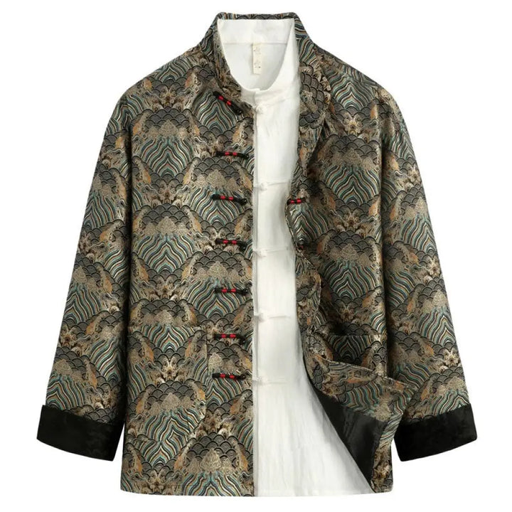 Buddha Stones Chinese New Year Jacquard Damask Seawater Pattern Frog-button Tang Suit Men’s Jacket Shirt With Pockets