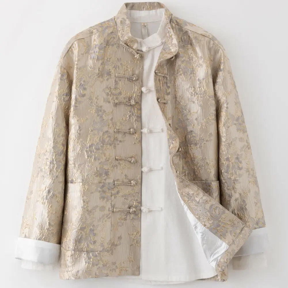 Buddha Stones Chinese New Year Jacquard Embroidery Frog-button Tang Suit Men’s Jacket Shirt With Pockets - BurlyWood