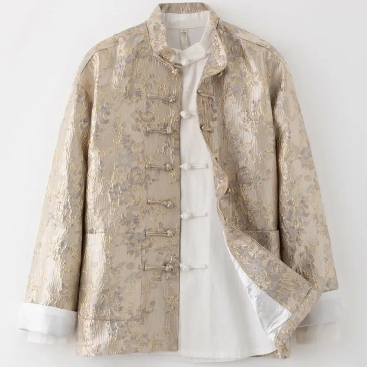 Buddha Stones Chinese New Year Jacquard Embroidery Frog-button Tang Suit Men’s Jacket Shirt With Pockets - BurlyWood
