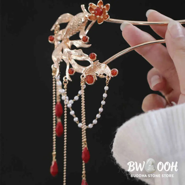 Buddha Stones Chinese Style Koi Fish Flower Tassel Red Agate Copper Gold Plated Hairpin Hair Comb - Hairpin&amp;Hair Comb