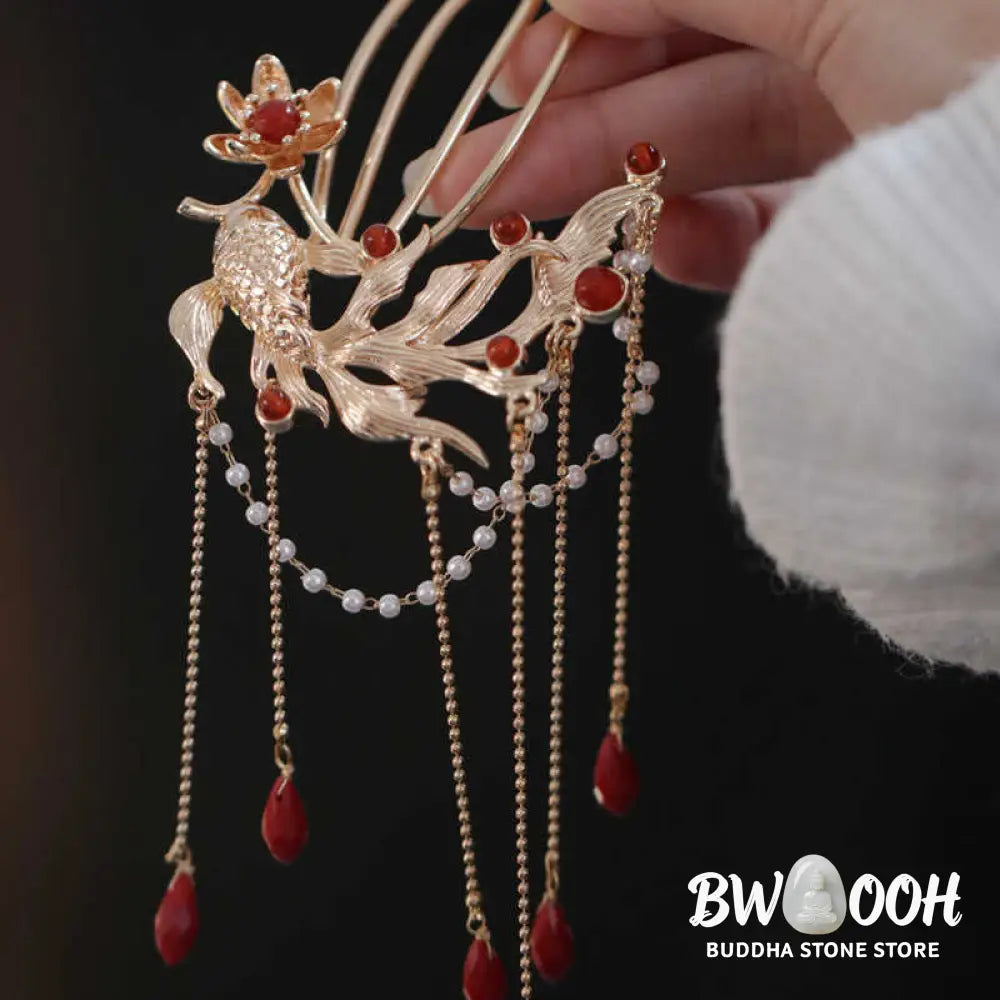 Buddha Stones Chinese Style Koi Fish Flower Tassel Red Agate Copper Gold Plated Hairpin Hair Comb - Hairpin&amp;Hair Comb