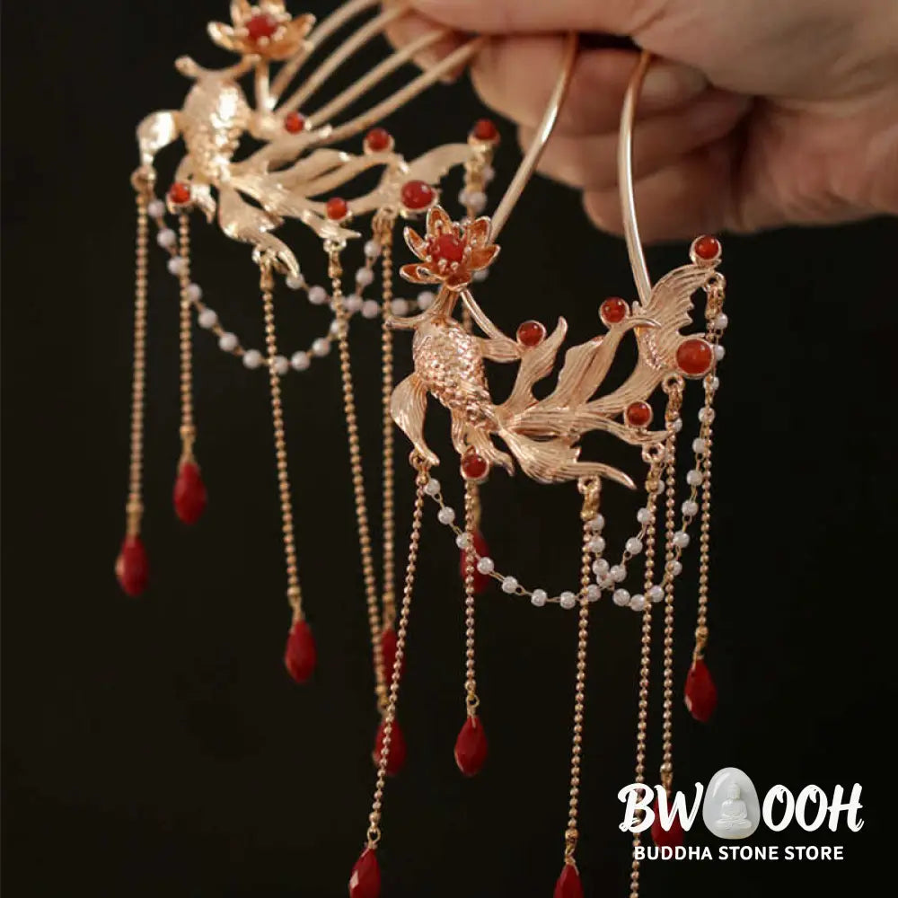 Buddha Stones Chinese Style Koi Fish Flower Tassel Red Agate Copper Gold Plated Hairpin Hair Comb - Hairpin&amp;Hair Comb