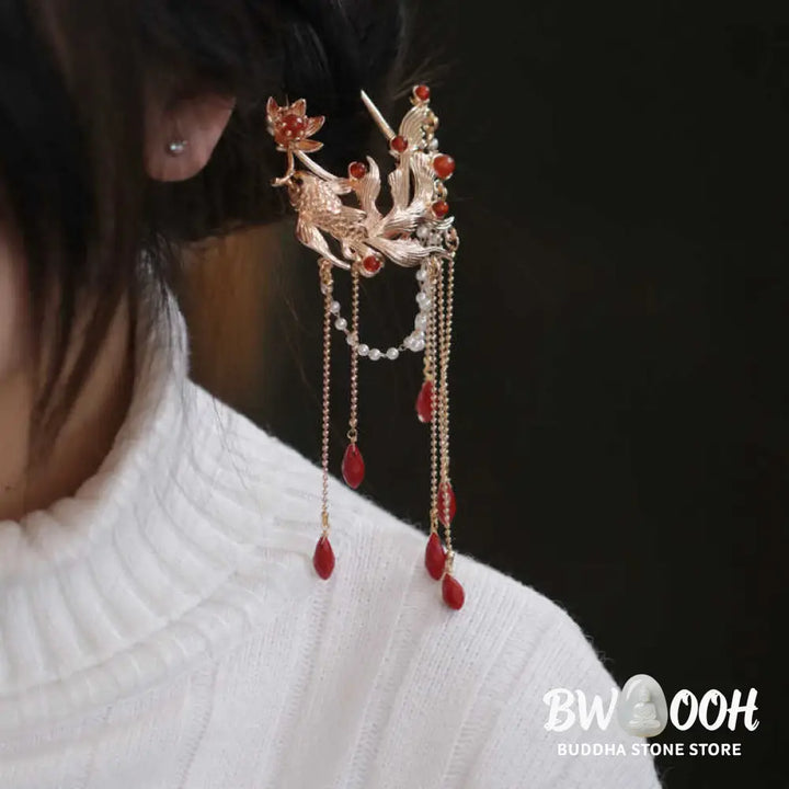 Buddha Stones Chinese Style Koi Fish Flower Tassel Red Agate Copper Gold Plated Hairpin Hair Comb - Hairpin&amp;Hair Comb