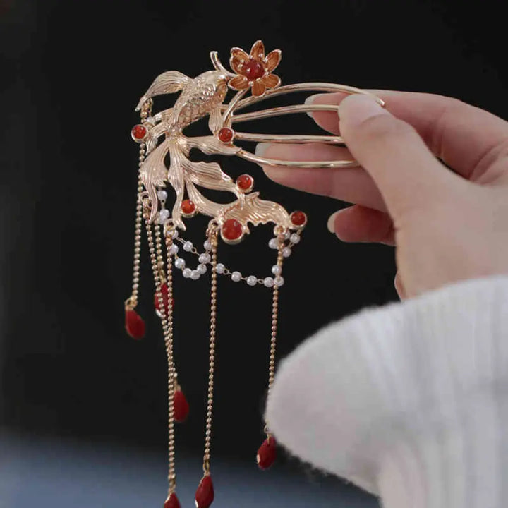 Buddha Stones Chinese Style Koi Fish Flower Tassel Red Agate Copper Gold Plated Hairpin Hair Comb - Koi Fish Hair Comb