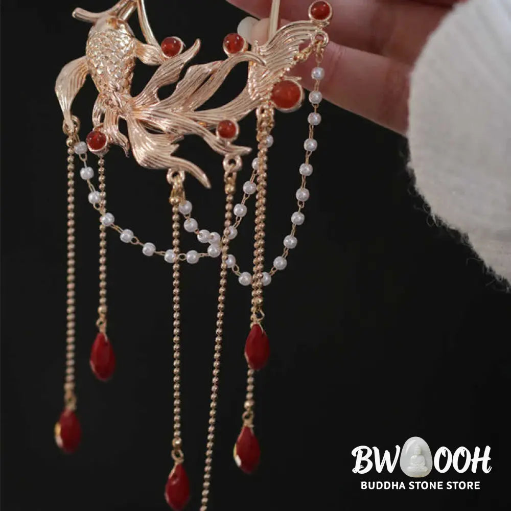 Buddha Stones Chinese Style Koi Fish Flower Tassel Red Agate Copper Gold Plated Hairpin Hair Comb - Hairpin&amp;Hair Comb