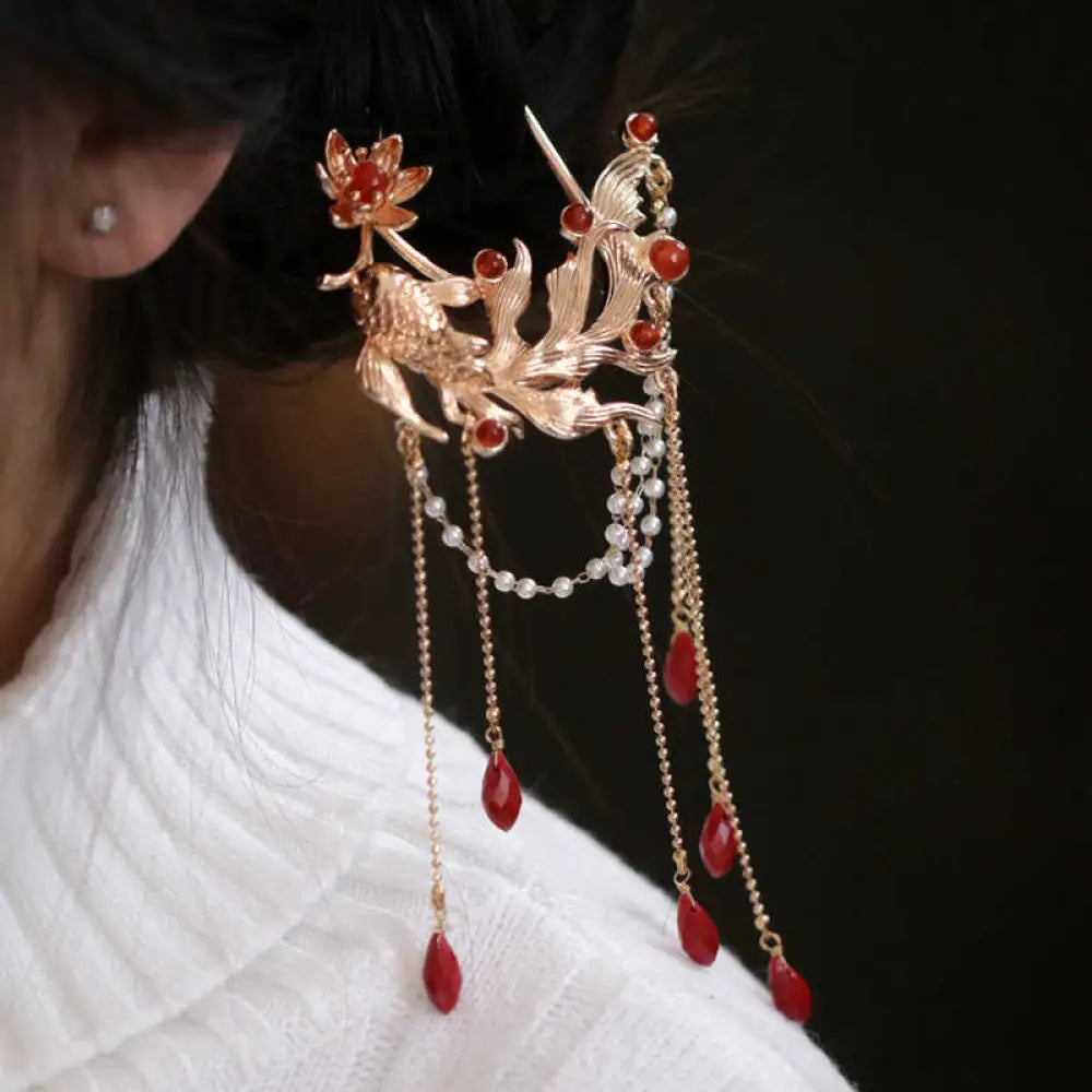 BWOOOH Chinese Style Koi Fish Flower Tassel Red Agate Cop