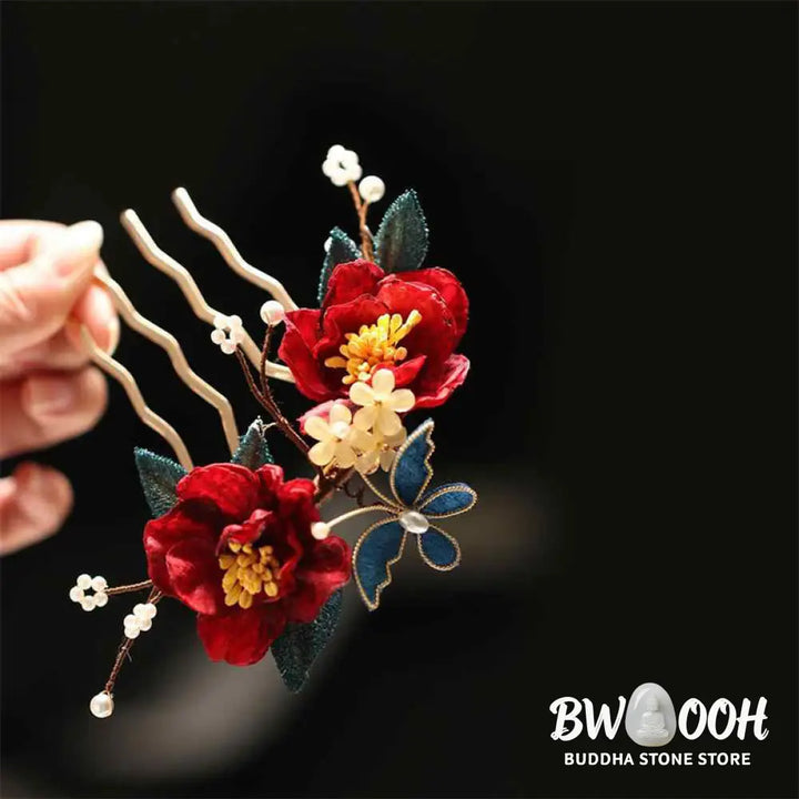 Buddha Stones Chinese Style Red Camellia Butterfly Hair Clip Hair Comb Hairpin Barrette Accessory - Hair Clip&amp;Hair