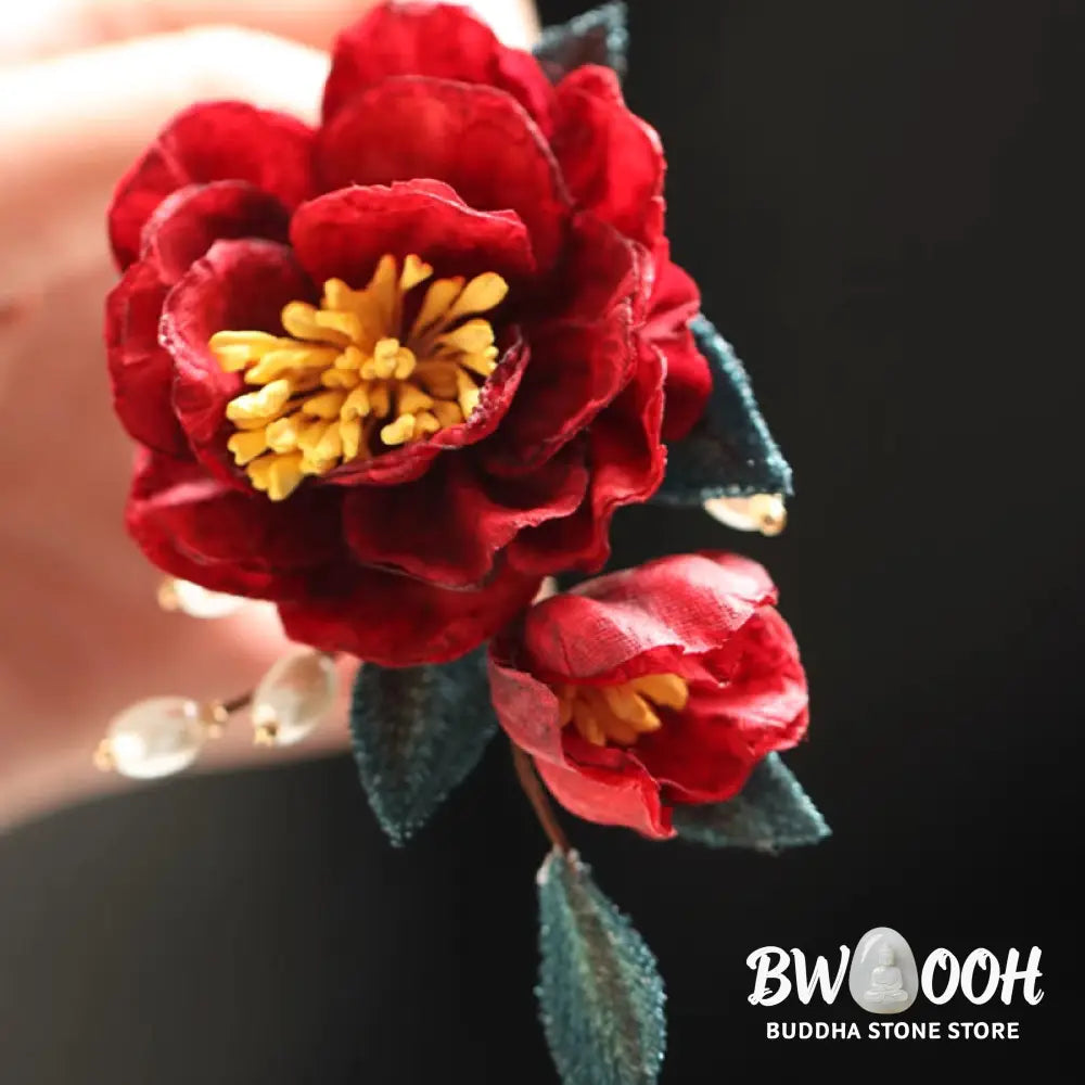 Buddha Stones Chinese Style Red Camellia Butterfly Hair Clip Hair Comb Hairpin Barrette Accessory - Hair Clip&amp;Hair