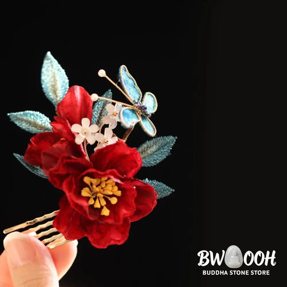 Buddha Stones Chinese Style Red Camellia Butterfly Hair Clip Hair Comb Hairpin Barrette Accessory - Hair Clip&amp;Hair