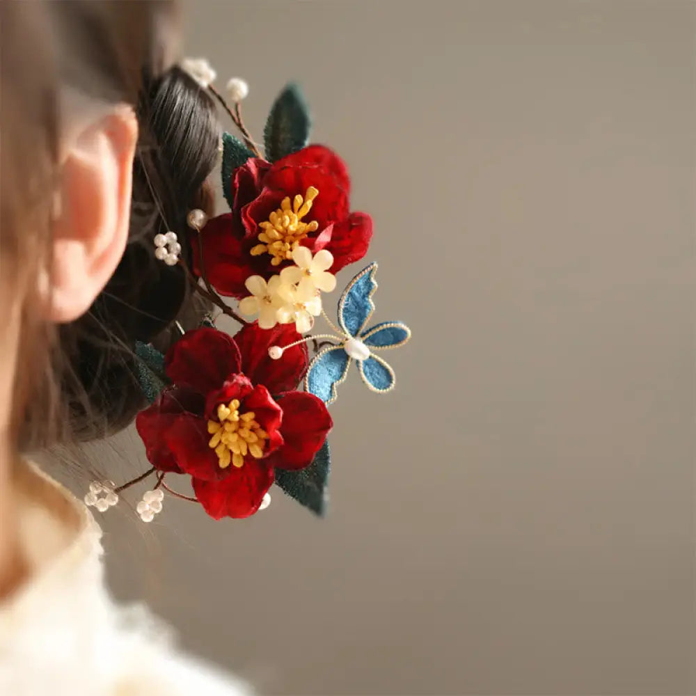 BWOOOH Chinese Style Red Camellia Butterfly Hair Clip Hai