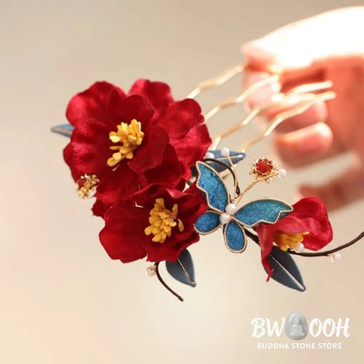 Buddha Stones Chinese Style Red Camellia Butterfly Hair Clip Hair Comb Hairpin Barrette Accessory - Hair Clip&amp;Hair