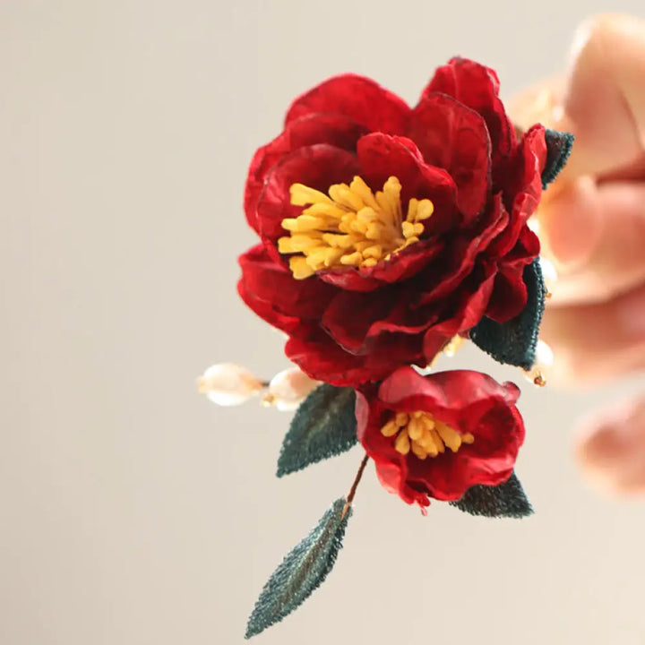 Buddha Stones Chinese Style Red Camellia Butterfly Hair Clip Hair Comb Hairpin Barrette Accessory - Red Camellia Hair