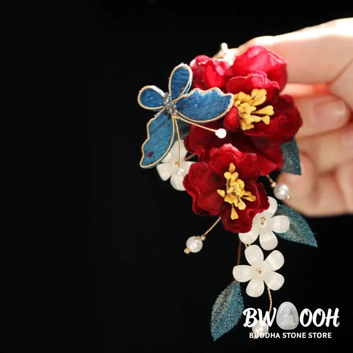 Buddha Stones Chinese Style Red Camellia Butterfly Hair Clip Hair Comb Hairpin Barrette Accessory - Hair Clip&amp;Hair