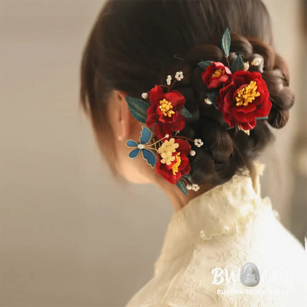 Buddha Stones Chinese Style Red Camellia Butterfly Hair Clip Hair Comb Hairpin Barrette Accessory - Hair Clip&amp;Hair