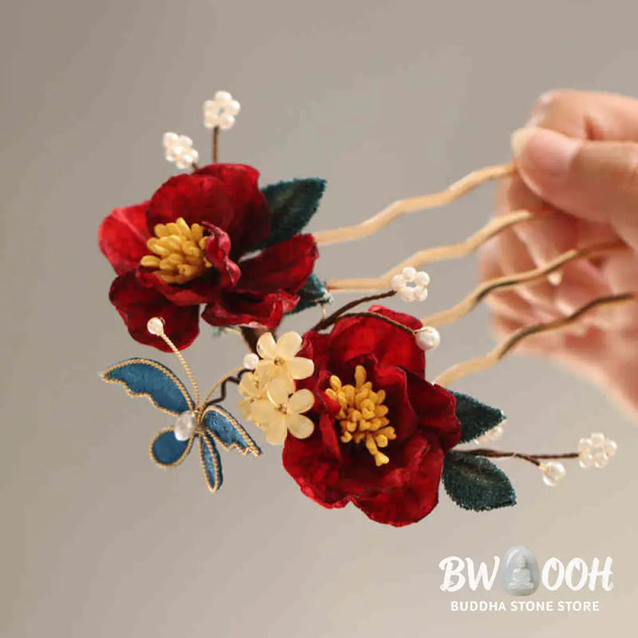Buddha Stones Chinese Style Red Camellia Butterfly Hair Clip Hair Comb Hairpin Barrette Accessory - Hair Clip&amp;Hair