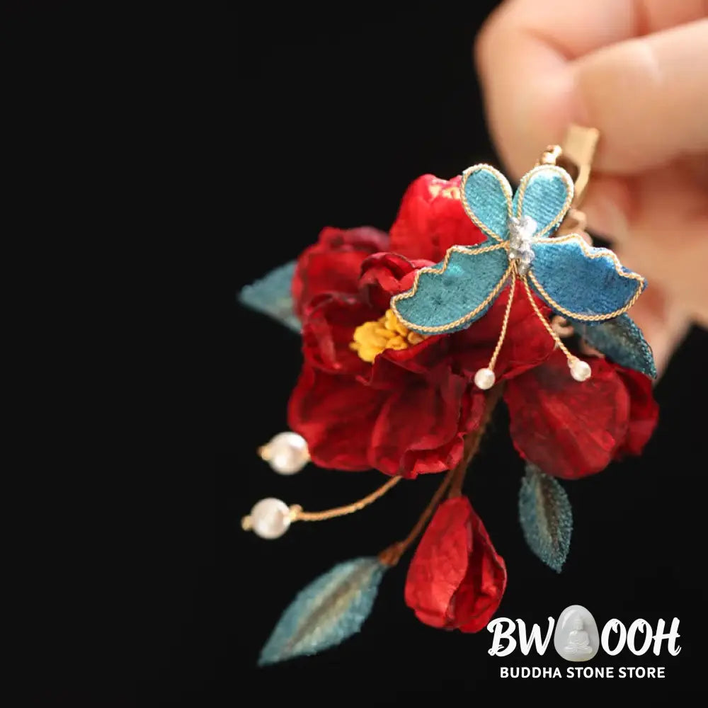 Buddha Stones Chinese Style Red Camellia Butterfly Hair Clip Hair Comb Hairpin Barrette Accessory - Hair Clip&amp;Hair