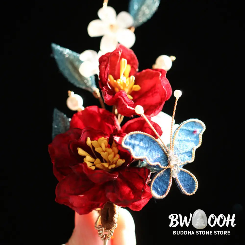 Buddha Stones Chinese Style Red Camellia Butterfly Hair Clip Hair Comb Hairpin Barrette Accessory - Hair Clip&amp;Hair