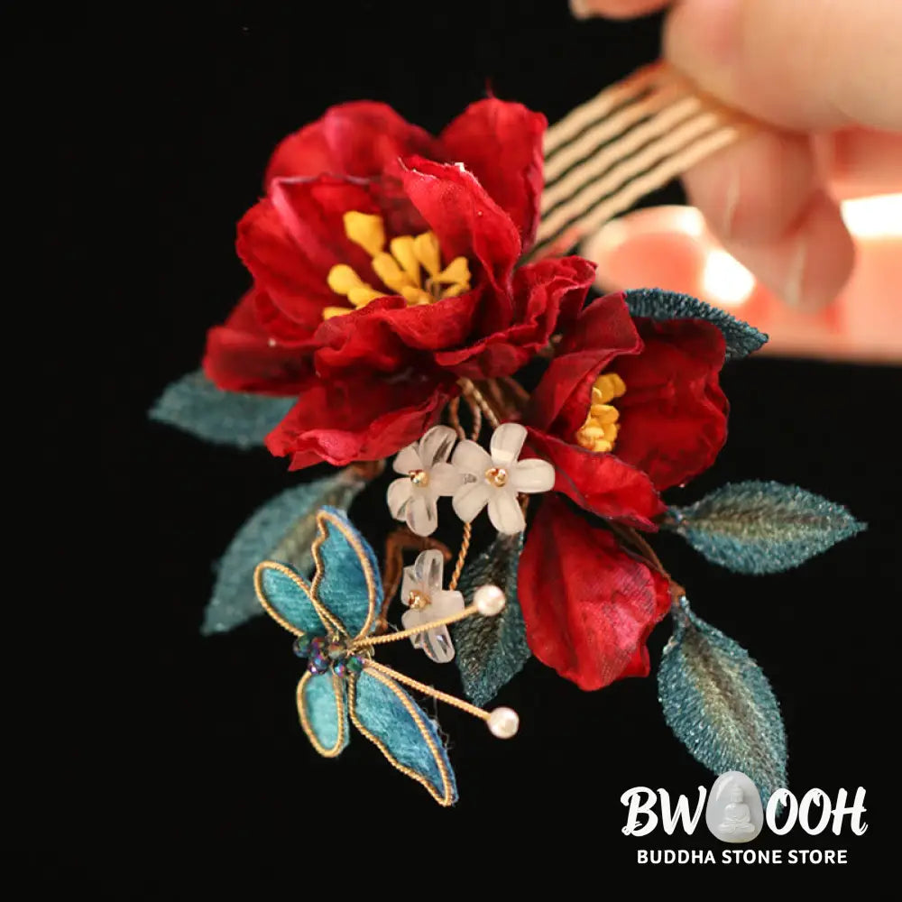 Buddha Stones Chinese Style Red Camellia Butterfly Hair Clip Hair Comb Hairpin Barrette Accessory - Hair Clip&amp;Hair