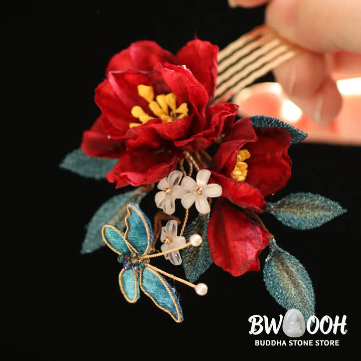 Buddha Stones Chinese Style Red Camellia Butterfly Hair Clip Hair Comb Hairpin Barrette Accessory - Hair Clip&amp;Hair