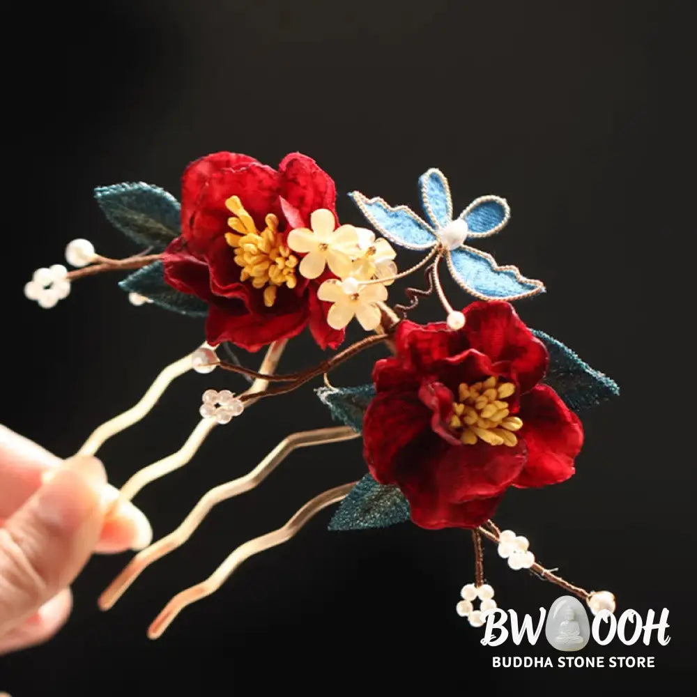Buddha Stones Chinese Style Red Camellia Butterfly Hair Clip Hair Comb Hairpin Barrette Accessory - Hair Clip&amp;Hair