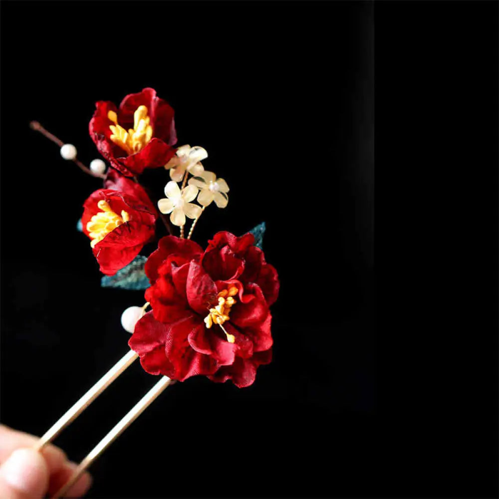 Buddha Stones Chinese Style Red Camellia Butterfly Hair Clip Hair Comb Hairpin Barrette Accessory - Red Camellia