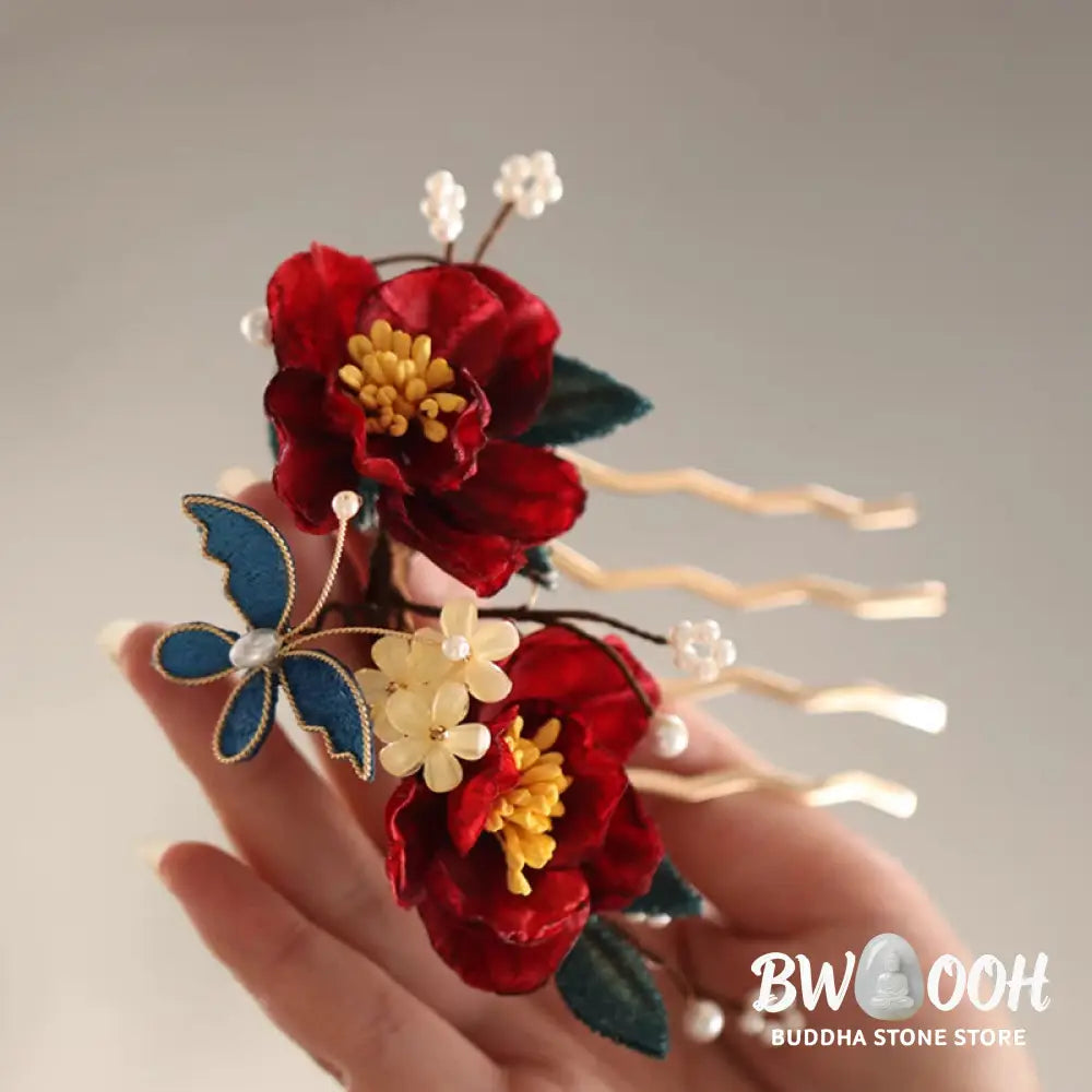Buddha Stones Chinese Style Red Camellia Butterfly Hair Clip Hair Comb Hairpin Barrette Accessory - Hair Clip&amp;Hair