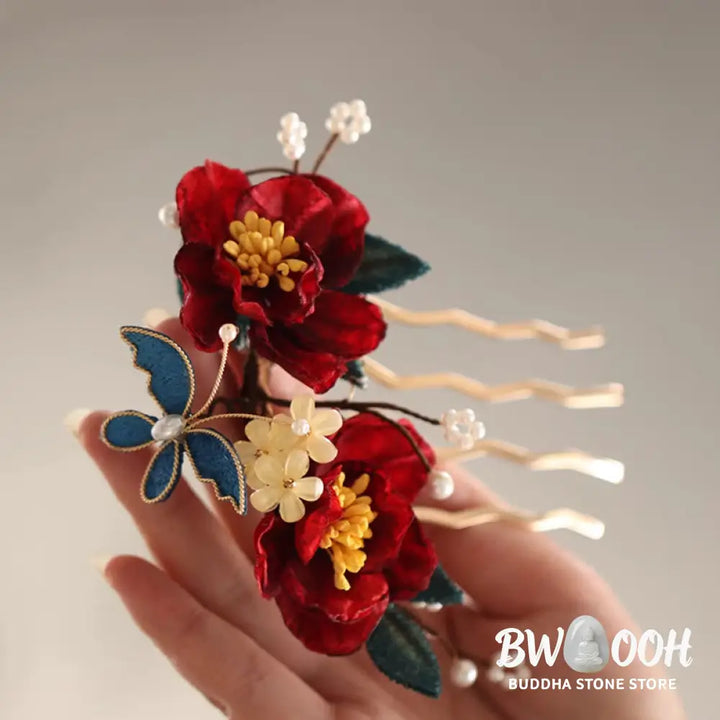 Buddha Stones Chinese Style Red Camellia Butterfly Hair Clip Hair Comb Hairpin Barrette Accessory - Hair Clip&amp;Hair