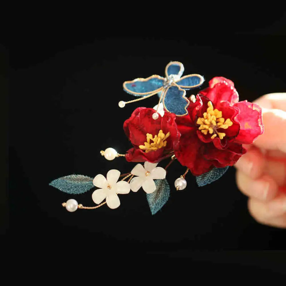 Buddha Stones Chinese Style Red Camellia Butterfly Hair Clip Hair Comb Hairpin Barrette Accessory - Red Camellia Blue